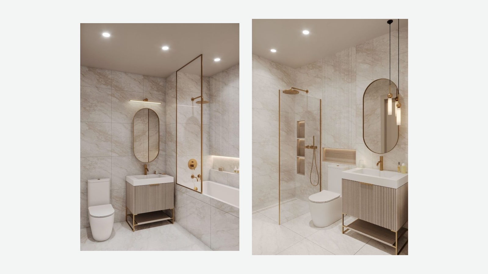 Two renderings side by side of bathrooms with large pale stone-look tiles: on the left a tub with a glass panel, a toilet and a ribbed vanity with an oval mirror; on the right a walk-in shower with a glass panel and wall niches, a toilet and a matching vanity, all with brass fixtures