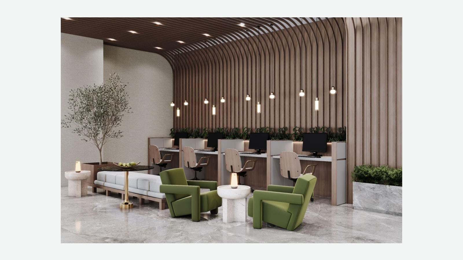 Rendering of a co-working room with a curved slatted wood wall and ceiling, four desks with monitors and wood chairs, hanging globe lights, two green armchairs, a cushioned bench, small round tables and a potted olive tree