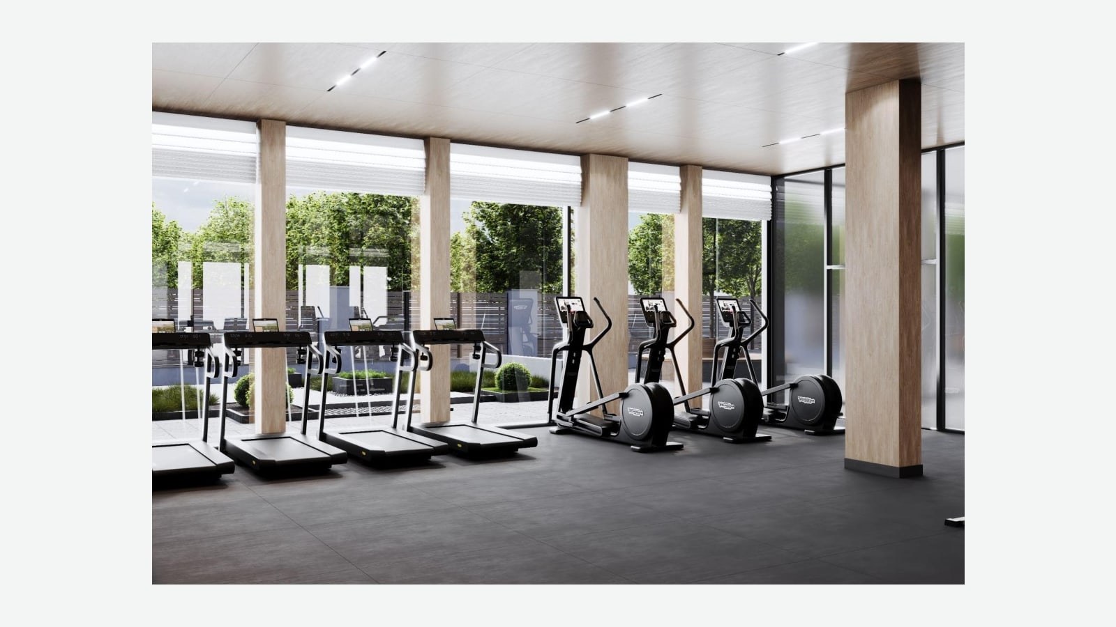 Rendering of a gym with a row of treadmills and three elliptical machines on a dark rubber floor, pale wood columns, a wood ceiling with strip lights, and tall windows onto a planted yard with a fence