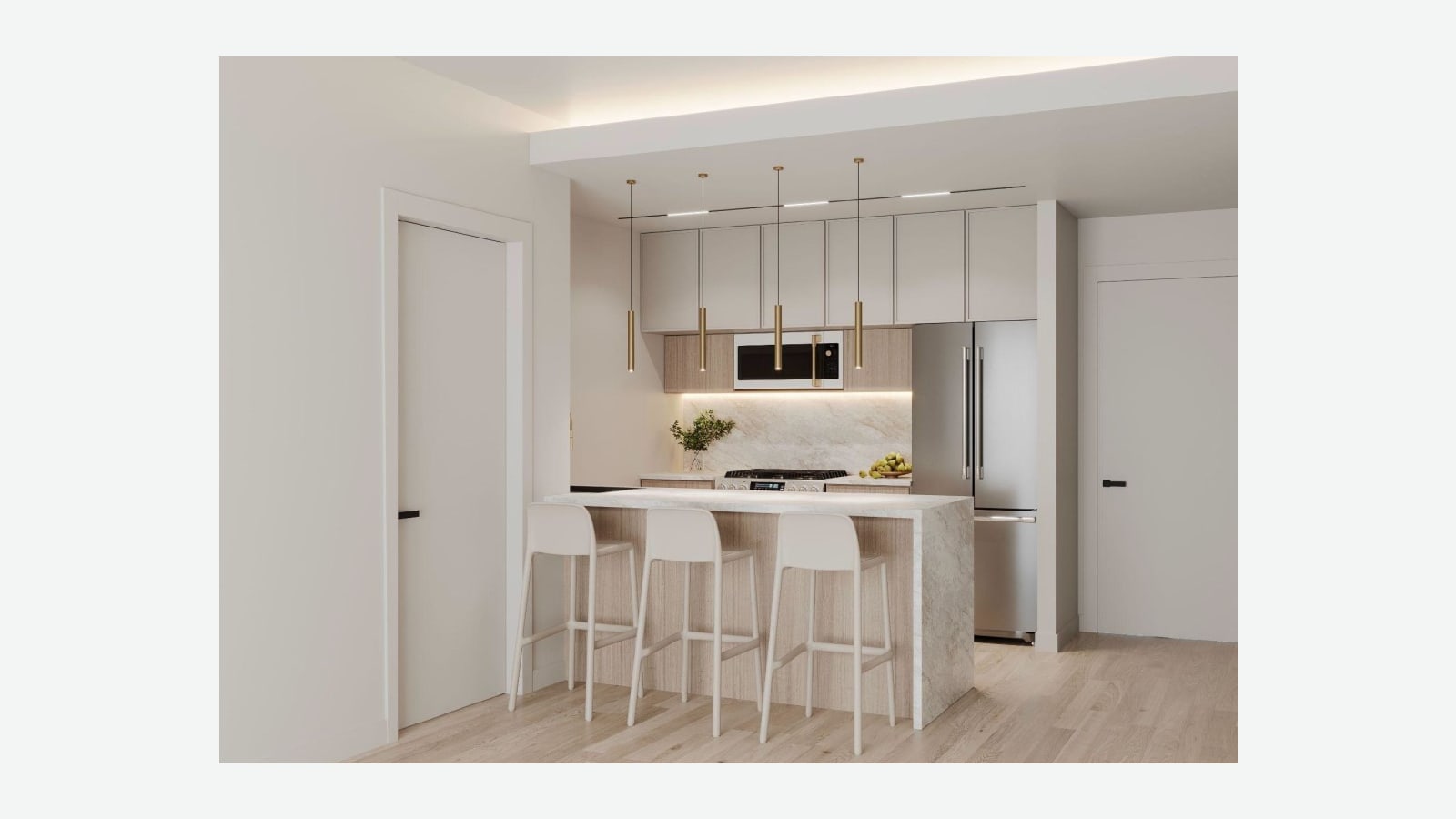 Rendering of an open kitchen with white upper cabinets, light wood lower cabinets, a stone backsplash, a stainless refrigerator, a range with a microwave above, a stone island with three white stools, brass pendant lights and a light wood floor