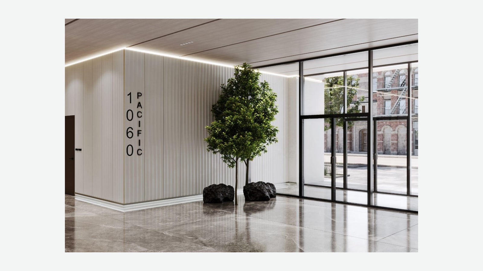 Rendering of a building lobby with a pale ribbed wall lettered 1060 PACIFIC, a small tree in a planter of dark stones, a glossy gray stone floor, a wood-paneled ceiling with a lit edge, and a glass entrance wall looking out on a brick building
