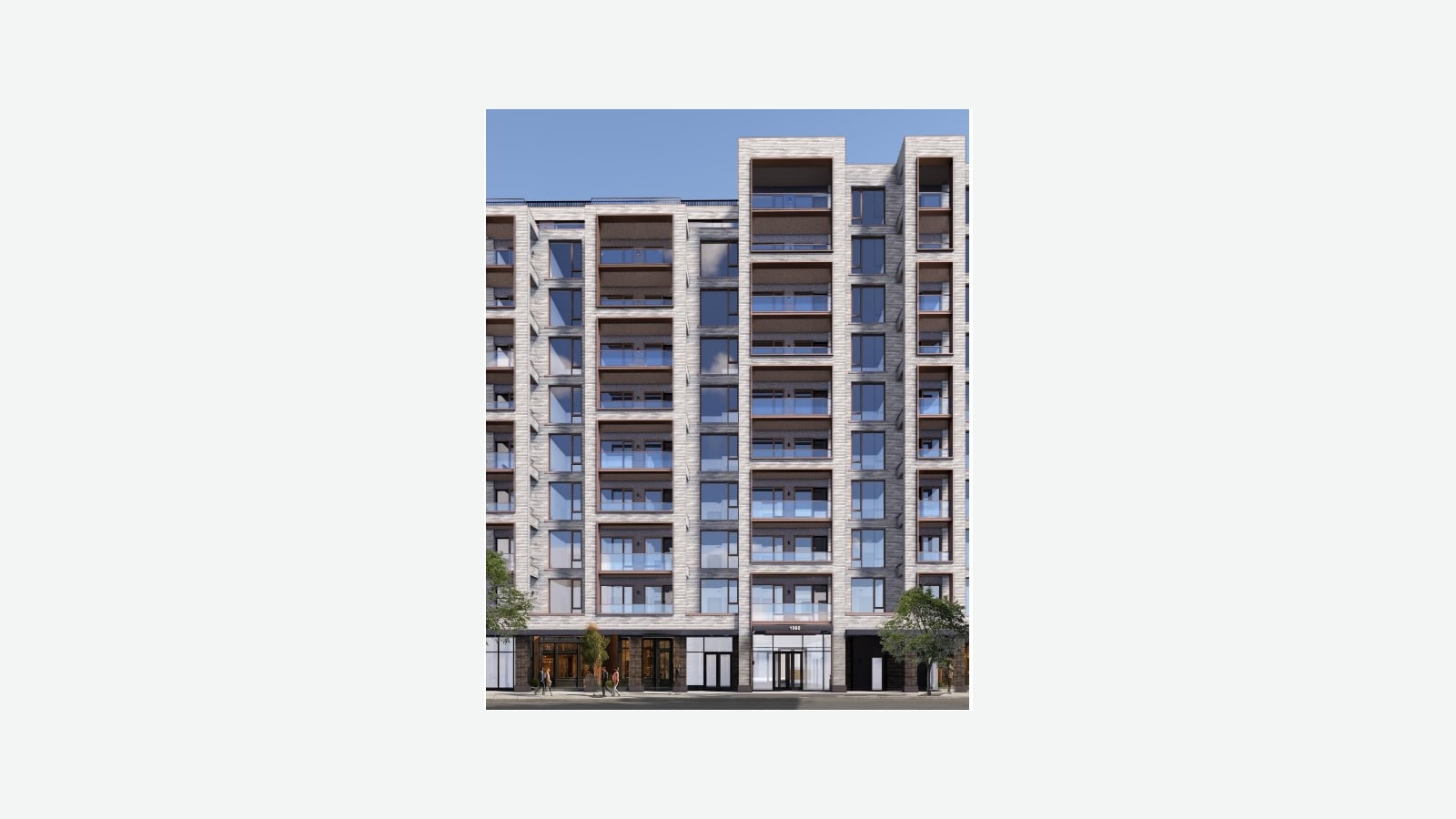 Rendering of a 10-story apartment building with pale gray brick piers, recessed balconies with glass railings in tall framed bays, dark window frames, a glass-fronted ground floor with a central entrance lettered 1060, street trees and a few small figures on the sidewalk, under a blue sky, shown at its original size on a plain light background
