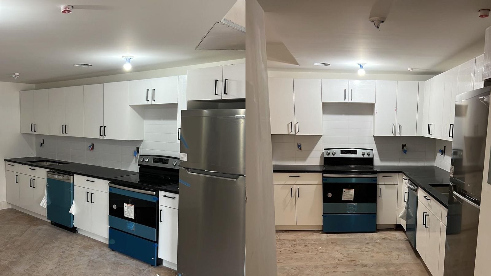 Two photographs side by side of unfurnished kitchens with white flat-front cabinets with black handles, black countertops, white tile backsplashes, stainless-steel refrigerators and smooth-top electric ranges and dishwashers still wrapped in blue protective film, on dusty floors
