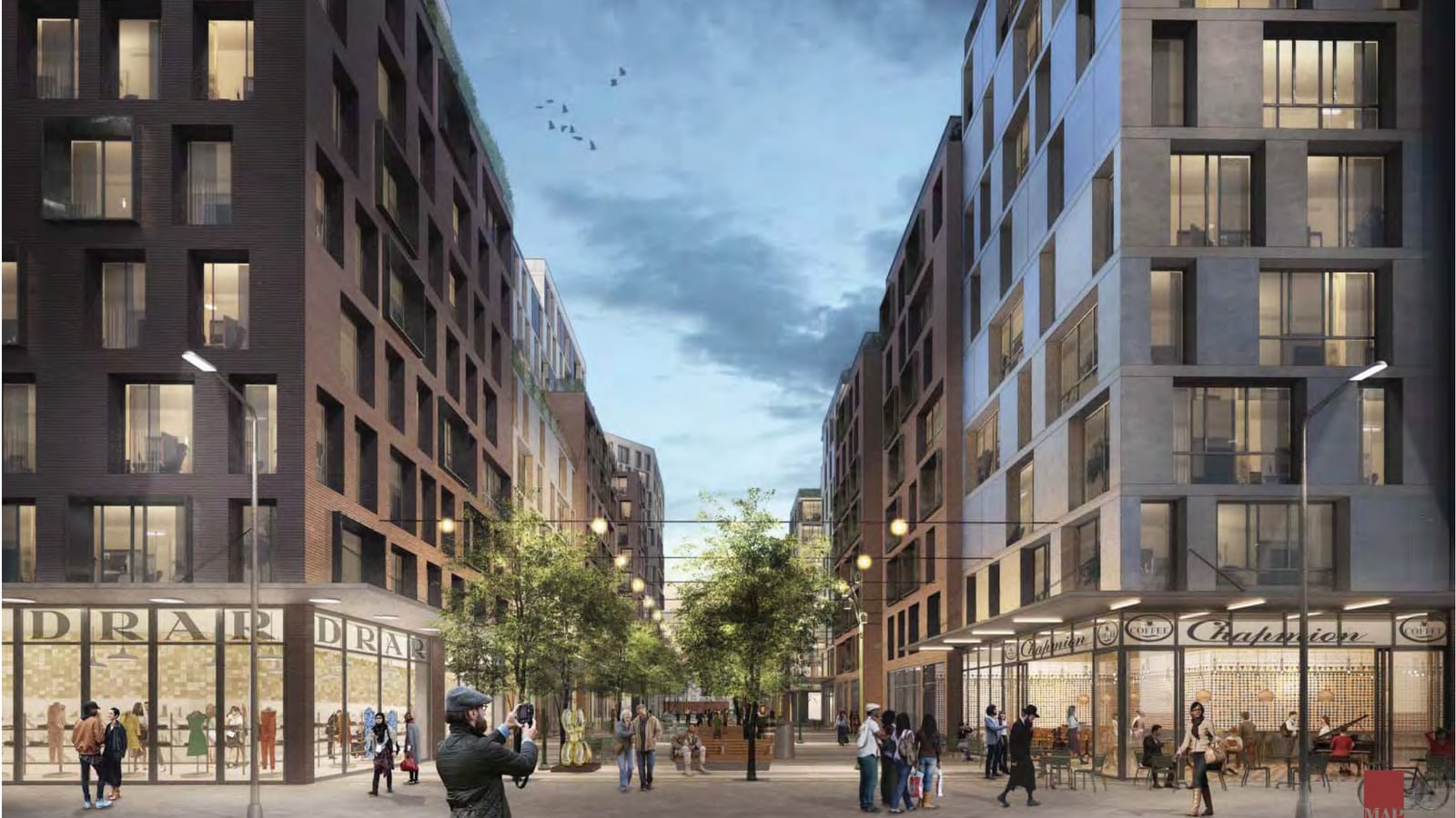 Rendering at dusk of a paved walkway lined with trees and string lights running between apartment buildings of dark brick and grey panels, with lit shop windows at street level, a cafe with outdoor tables at the right and people walking, one of them taking a photograph