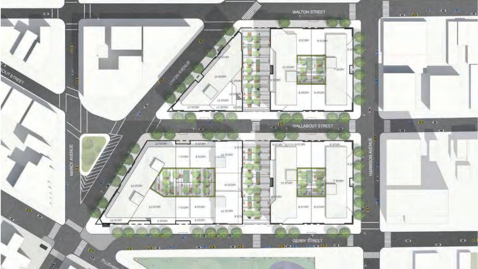 Site plan of two city blocks between Walton Street at the top and Gerry Street at the bottom, divided by Wallabout Street, with Union Avenue running diagonally along the left side, Harrison Avenue on the right and Marcy Avenue and Flushing Avenue at the lower left; building outlines are labelled with heights from 6 to 14 stories and a planted walkway runs through the middle of both blocks