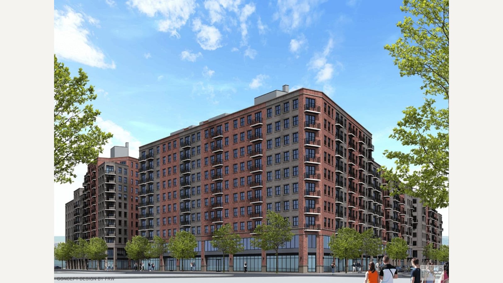 Rendering of a ten-story apartment building in red and grey brick on a street corner, with balconies stacked along both street fronts, glass storefronts on the ground floor, street trees and pedestrians, and a second brick apartment building behind it at the left under a blue sky with clouds