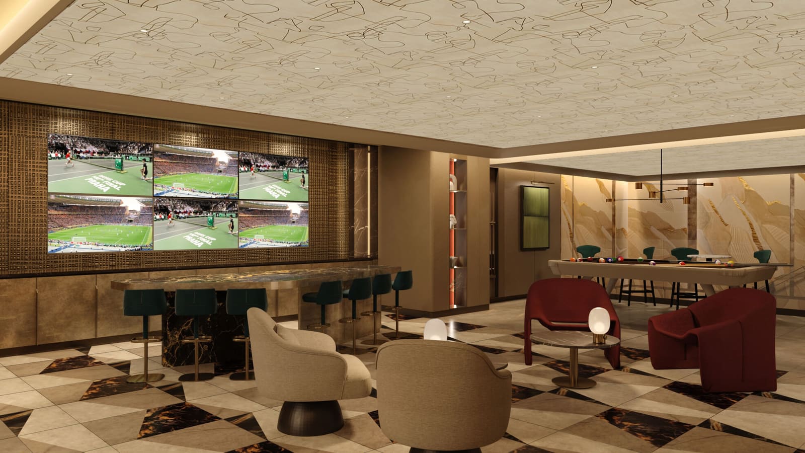 Rendering of a game lounge with six television screens above a long marble bar with green stools, beige and dark red armchairs around small tables, a pool table at the right and a patterned stone floor