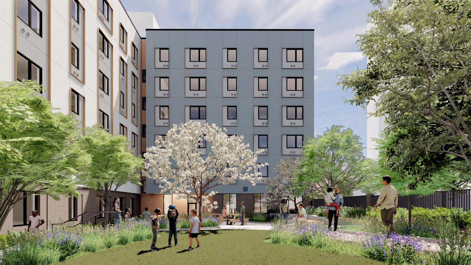 Rendering of a planted courtyard with a lawn, flowering tree, picnic table and children playing, enclosed by a six-story building