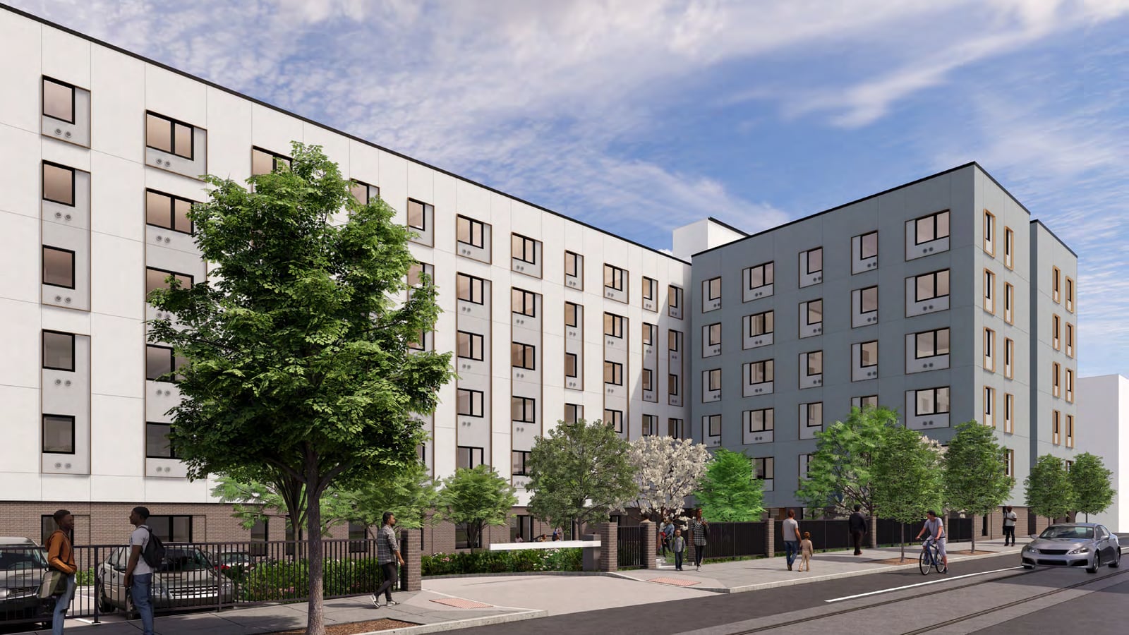 Rendering of the long side of a six-story building in white and gray panels above a brick base, with a fenced yard, trees and people on the sidewalk