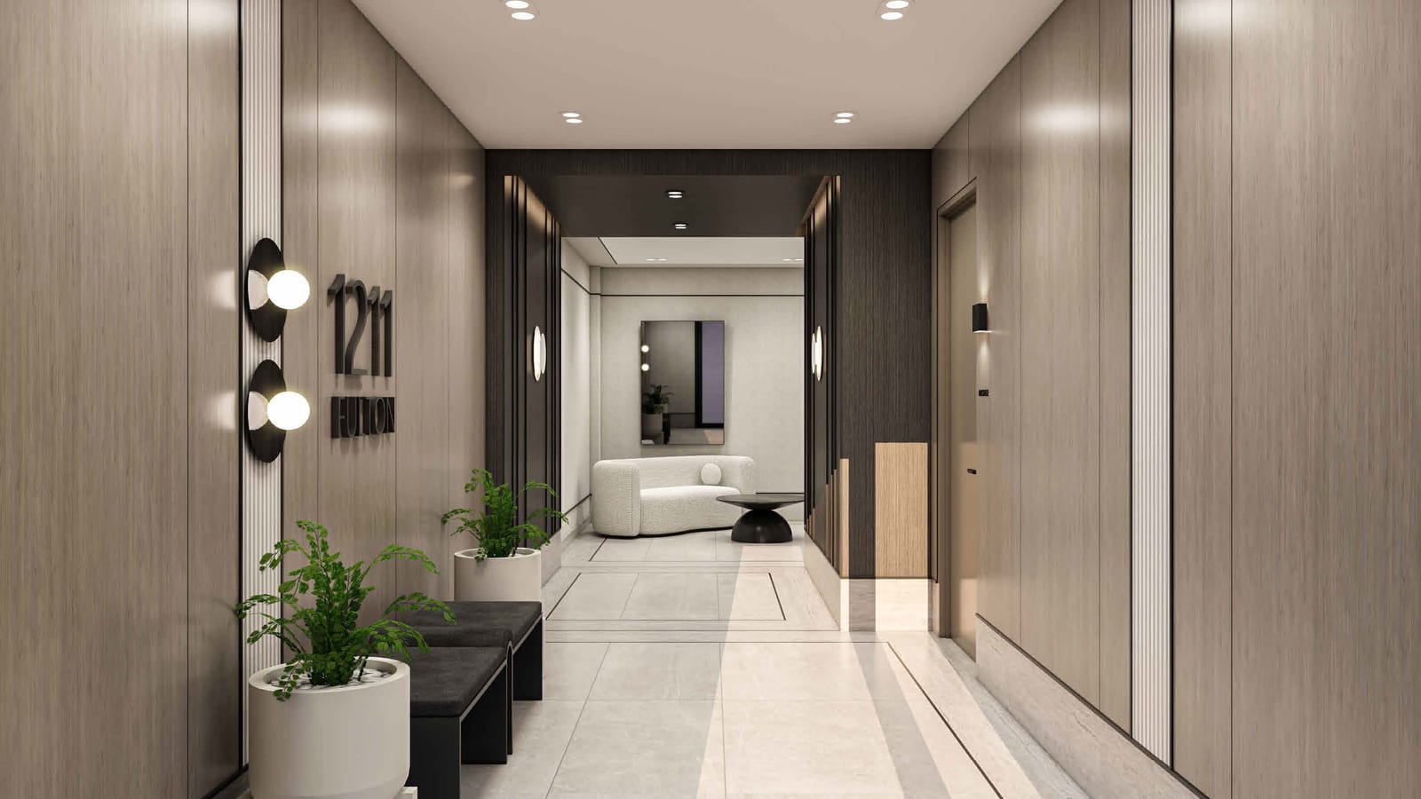 Rendering of a narrow entrance hall with wood-grain wall panels, round wall lights, the words 1211 Fulton in dark letters, two plant pots and black benches on the left, and a seating area with a curved white sofa and a mirror at the far end