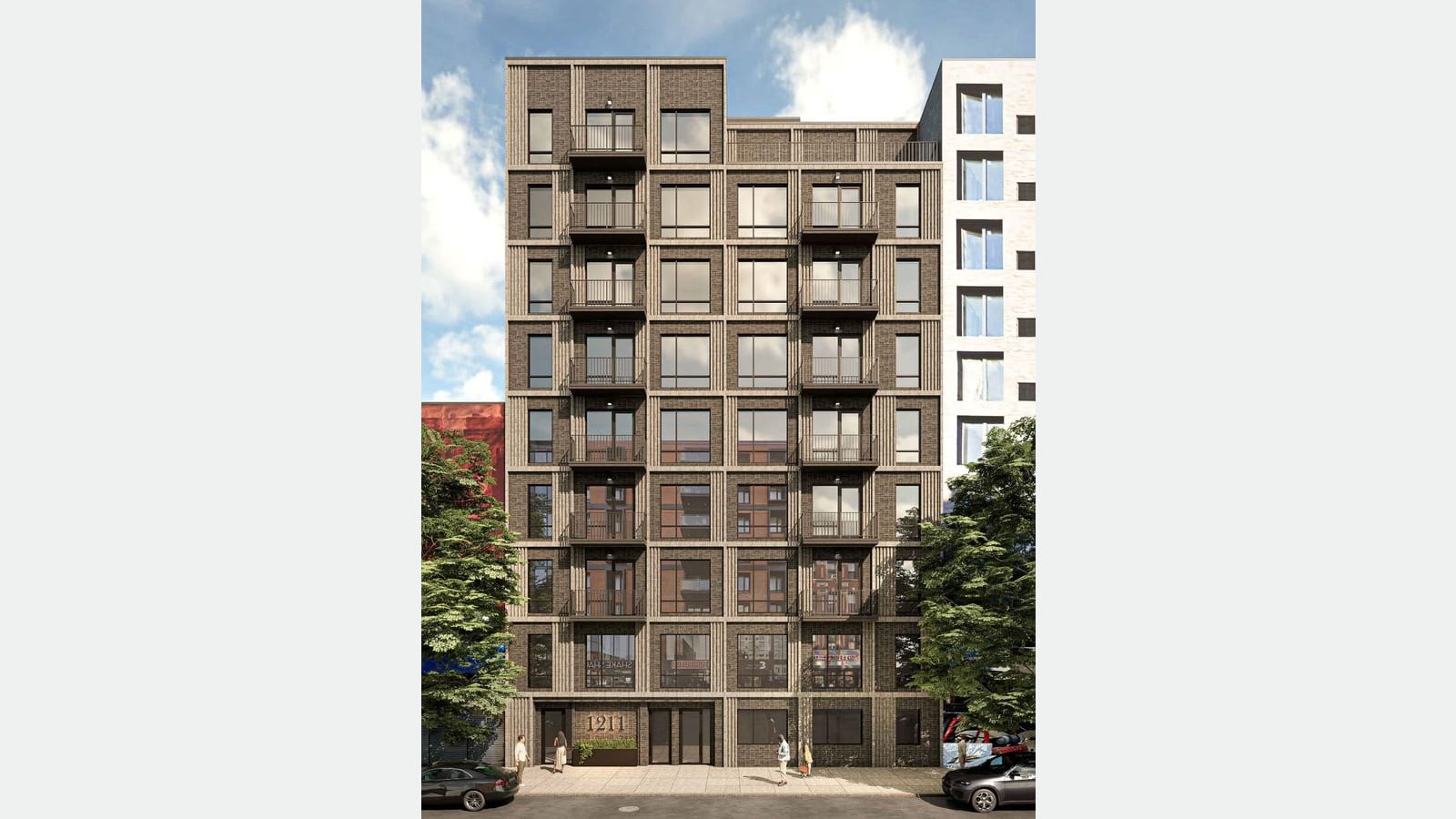 Rendering of a nine-story building faced in dark gray-brown brick with pale vertical trim, black metal balconies in two columns, large windows, a setback top floor on the right, the number 1211 beside the entrance, street trees, two parked cars and a white taller building next door, shown on a plain light gray background