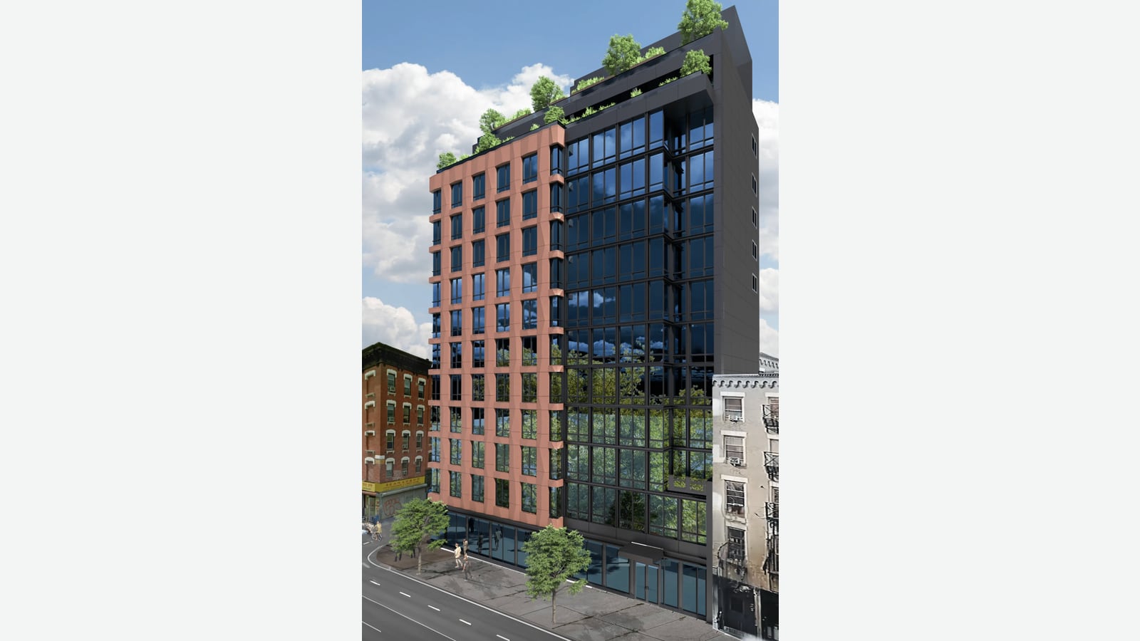 Rendering of the same 12-story building from another side, with a section of copper-colored panels at left and a taller section of dark glass at right, trees on the roof terraces, a wide street with lane markings in front and older brick and white apartment buildings on each side