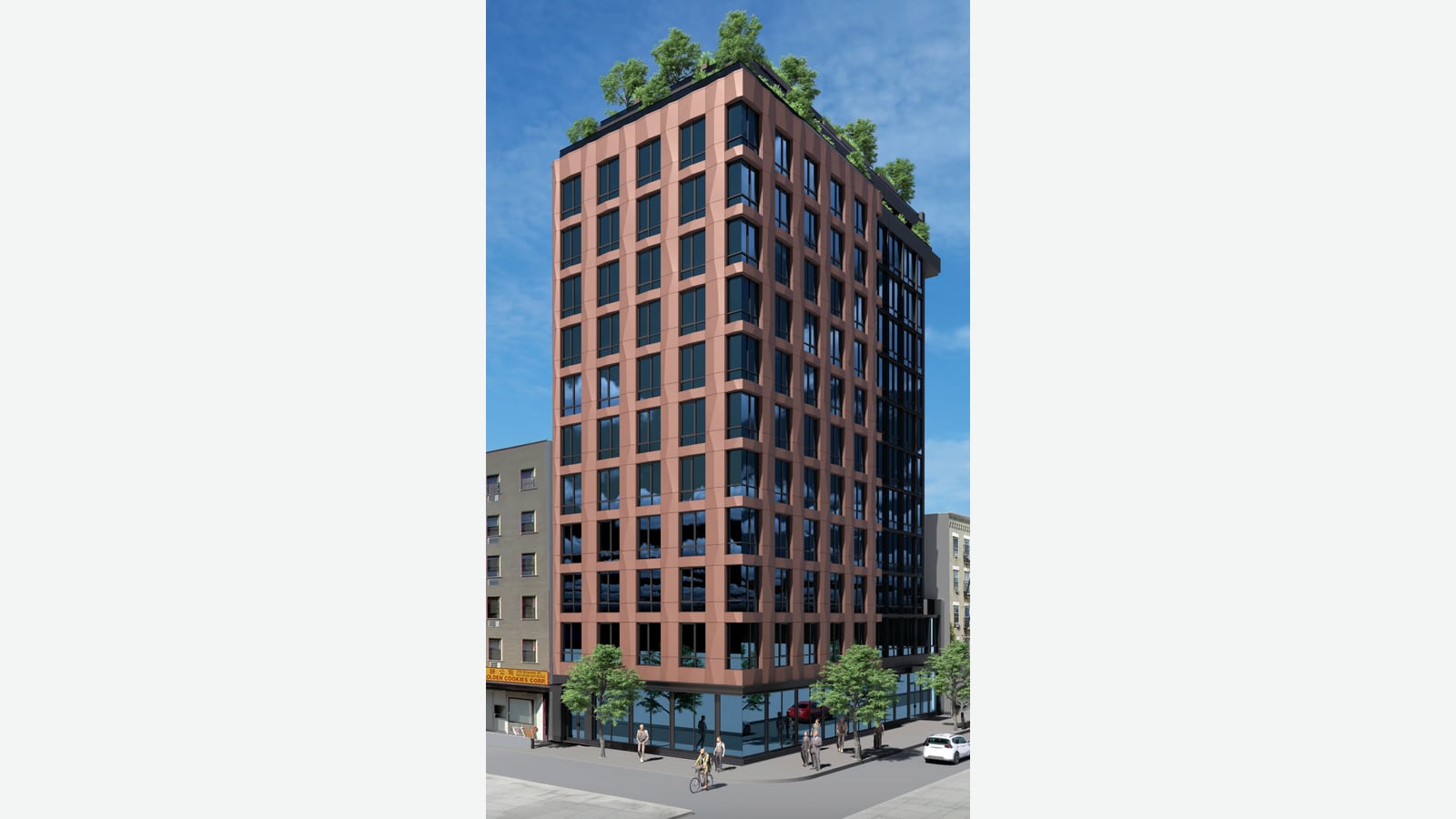 Rendering of a 12-story corner building clad in copper-colored panels with tall dark windows, glass storefronts on the ground floor, trees on the roof, people and a cyclist on the sidewalk and a white car at the corner, between older apartment buildings under a blue sky