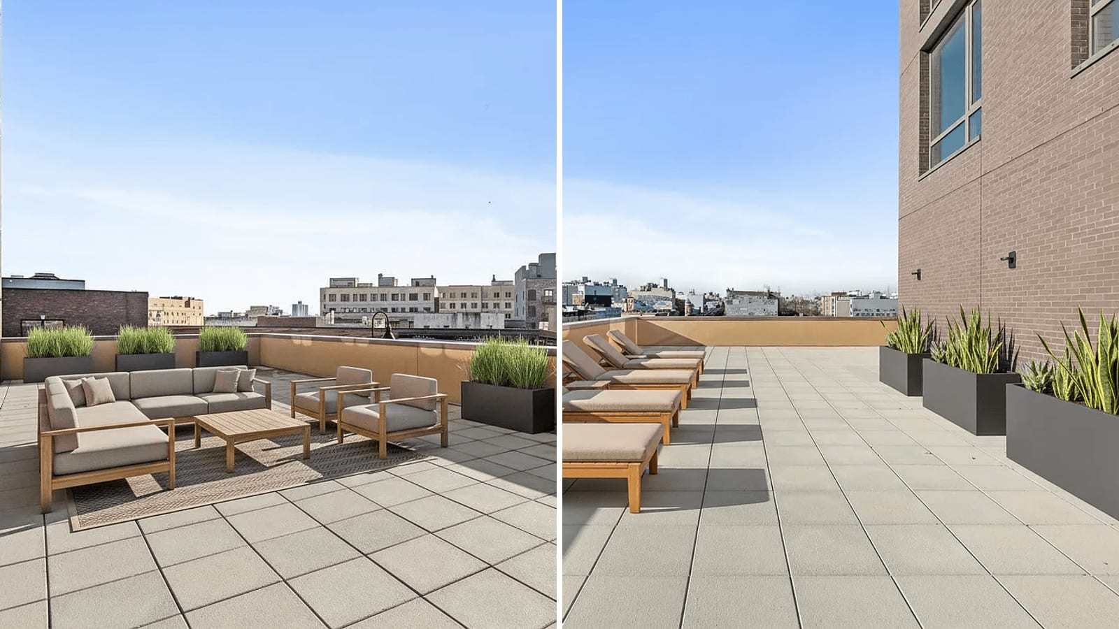 Left, a photograph of a paved terrace with an outdoor sectional sofa, two armchairs, a low table and planters of tall grass, with brick buildings beyond a tan wall; right, a photograph of a paved terrace with a row of cushioned lounge chairs and dark planters beside the building's brick wall