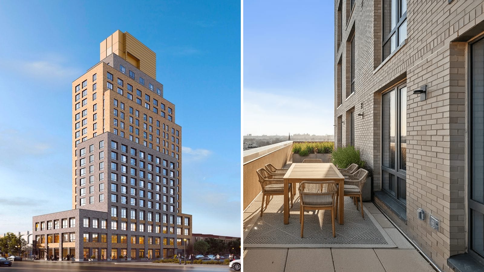 Left, a rendering of a tall apartment tower with a gray brick base and lower floors, tan brick upper floors that step back near the top and a gold-colored box on the roof, seen across a street with cars and small figures on the sidewalk; right, a photograph of a terrace beside a tan brick wall with tall windows, with a wooden table, six woven chairs, planters and low city buildings far below