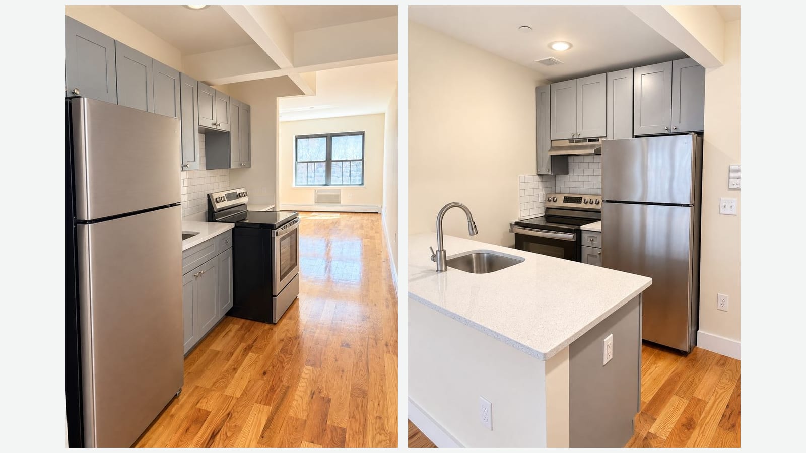 Two photographs side by side. Left: a galley kitchen with gray shaker cabinets, a stainless steel refrigerator, a stainless steel range with a smooth black cooktop, white subway tile and a white counter, opening onto a long sunlit room with a wood floor and a double window. Right: a kitchen with a white speckled peninsula counter and sink, gray cabinets, a range hood, a stainless steel range and refrigerator, and a wood floor
