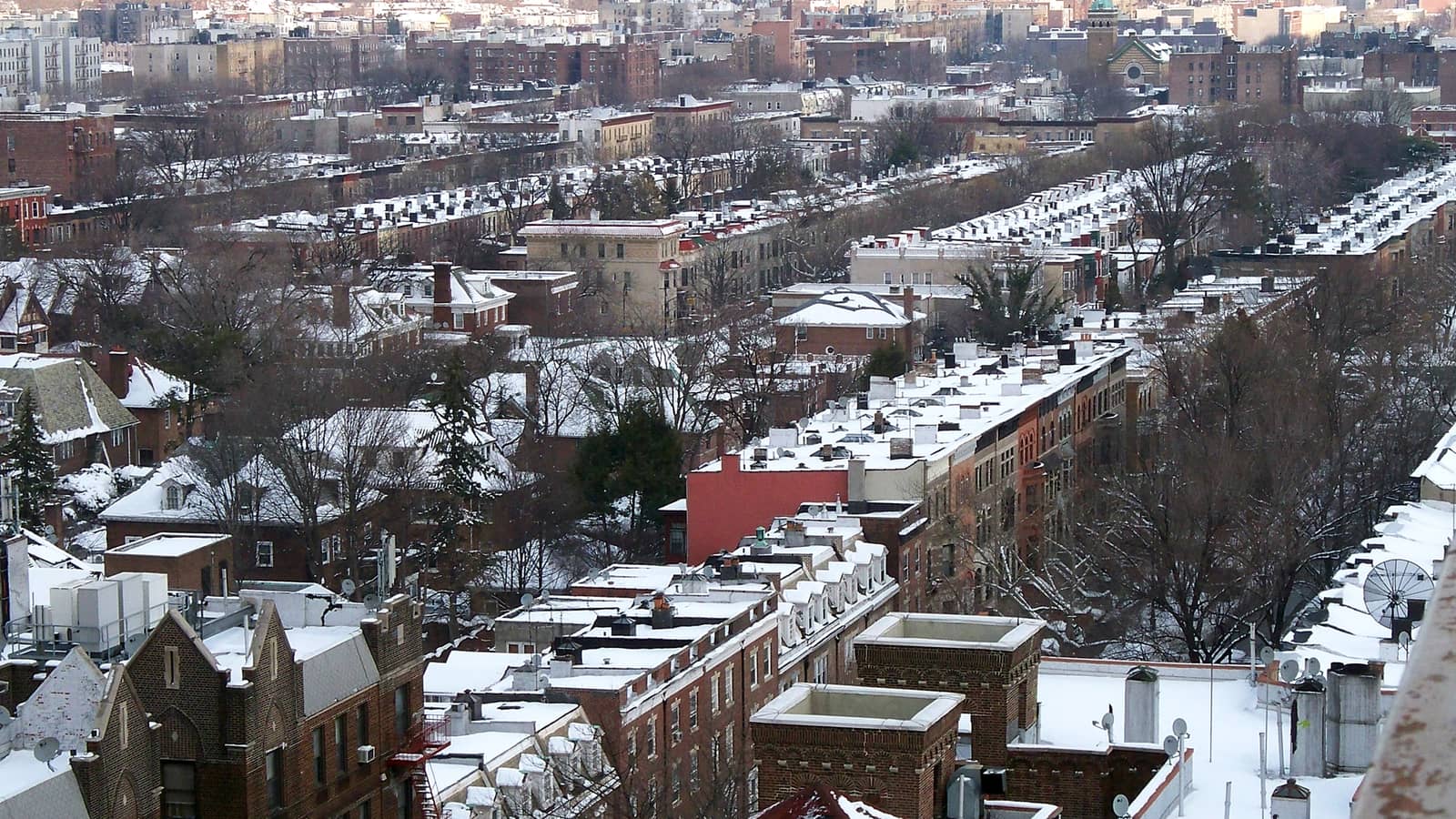 Photograph from a high balcony over snow-covered rooftops of long rows of brick and brownstone row houses, gabled houses among bare trees, a red-painted wall in the middle and taller apartment buildings on the horizon