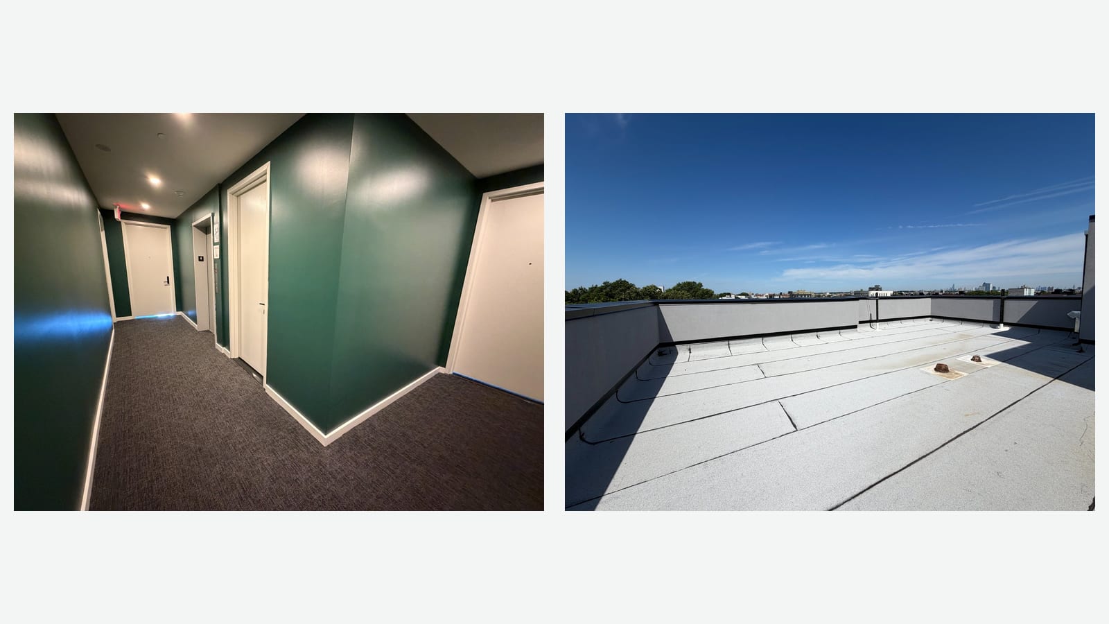 Two photographs side by side: on the left a hallway with dark green walls, gray carpet and white apartment doors; on the right a flat white roof surrounded by a low gray wall, with trees and buildings on the horizon under a blue sky