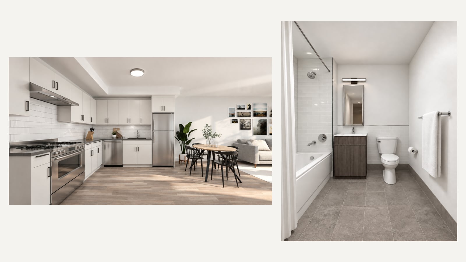 Two renderings side by side on a plain background: a kitchen with white cabinets, a white tile backsplash, a stainless-steel range with burner grates, a range hood, a dishwasher and a refrigerator, next to a round table with four chairs and a grey sofa; and a bathroom with a bathtub and shower, a dark wood vanity under a mirror, a toilet and grey floor tile