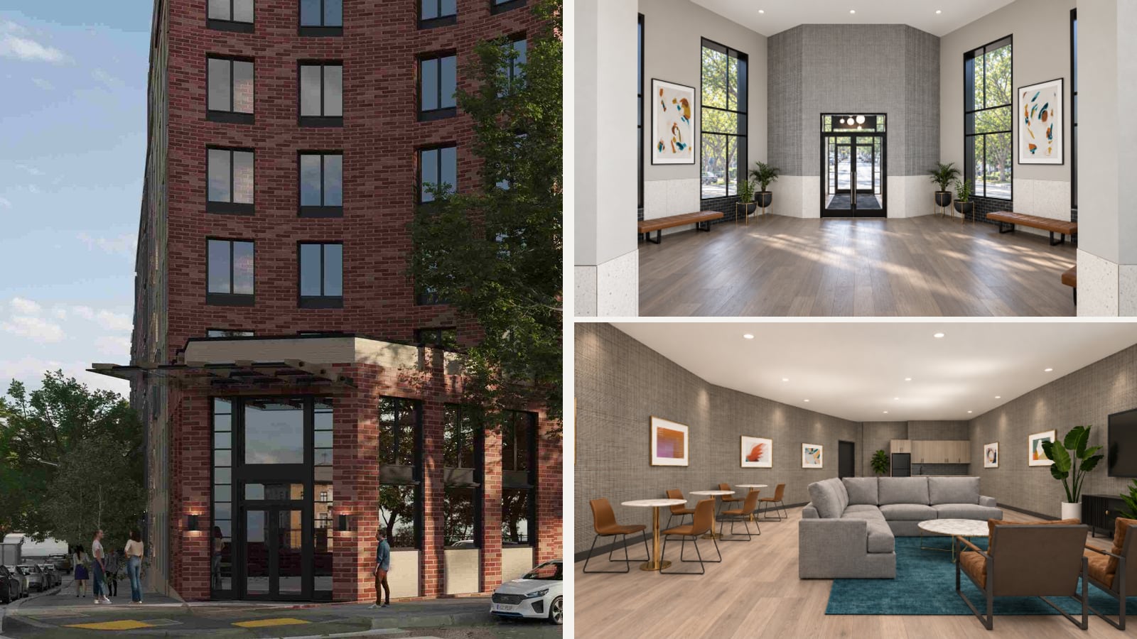Three renderings: on the left, the corner of a red brick building with a tall glass entrance under a canopy and people on the sidewalk; on the right, a lobby with wood flooring, tall windows, benches and glass double doors, above a lounge with a grey sectional sofa, small round tables with chairs, a kitchenette and a wall-mounted screen