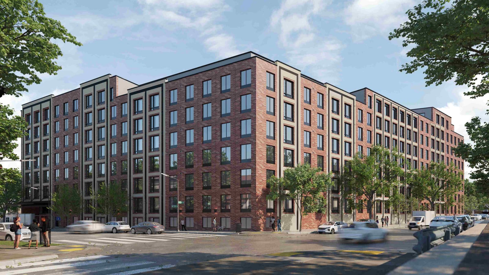 Rendering of an eight-story red brick apartment building filling a street corner, with cream-colored vertical bays framed in dark trim, rows of dark-framed windows, young street trees, a crosswalk in the foreground, moving and parked cars and a few people on the sidewalks