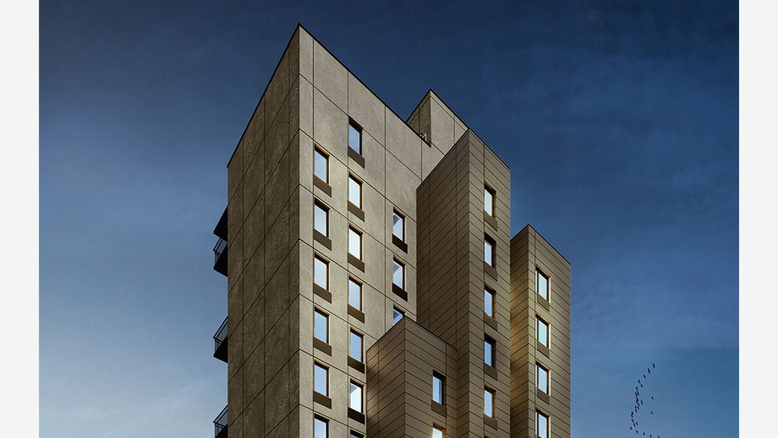 Rendering at dusk of the upper floors of a 13-story building in three stepped grey-brown sections against a dark blue sky, with rows of small windows, black balconies down the left edge and a flock of birds at lower right