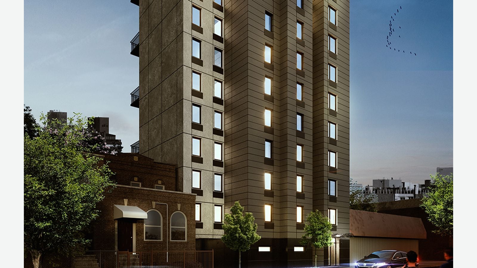 Rendering at dusk of a 13-story apartment building with grey-brown panel facades in three stepped sections, black balconies on the left side, lit windows, a two-story brick house with arched windows on the left, street trees and a car on the street in front