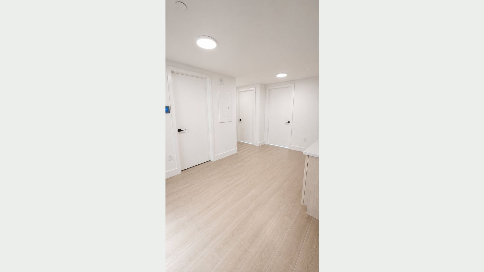 Photograph of an empty room with light wood-look plank floors, white walls and three white doors with black handles, a round ceiling light, an electrical panel on the wall and a heating and cooling control at left, and the end of a kitchen counter at right