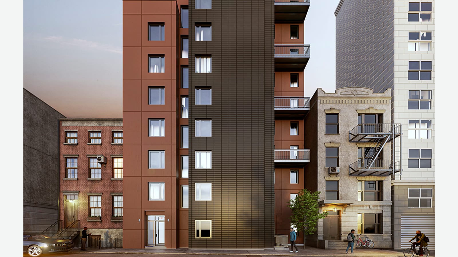 Rendering of a narrow 13-story apartment building at dusk, with a dark brown tiled center section, rust-red panel sections on each side, stacked balconies on the right, a glass entrance door at street level, a three-story brick row house on the left and a pale stone walk-up with a fire escape on the right
