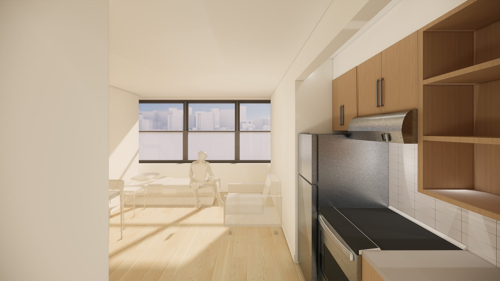 Rendering of a narrow apartment seen from its kitchen: at the right a stainless-steel refrigerator, a smooth-top range under a metal hood, white tile and pale wood cabinets with open shelves; beyond, a room with a pale wood floor, a bed, a chair, a small table and a three-part window, with a white figure seated on the bed