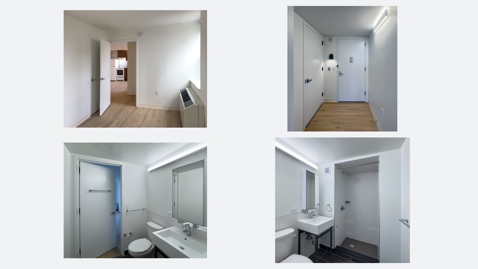 Four photographs of an empty apartment. Top: a room with a wood-look floor, a unit under the window and an open door looking through to a kitchen, and an entry hall with two white doors and a wall light. Bottom: a bathroom with a toilet, a wide sink and a mirror, and a bathroom with a sink on a metal frame beside a tiled shower stall