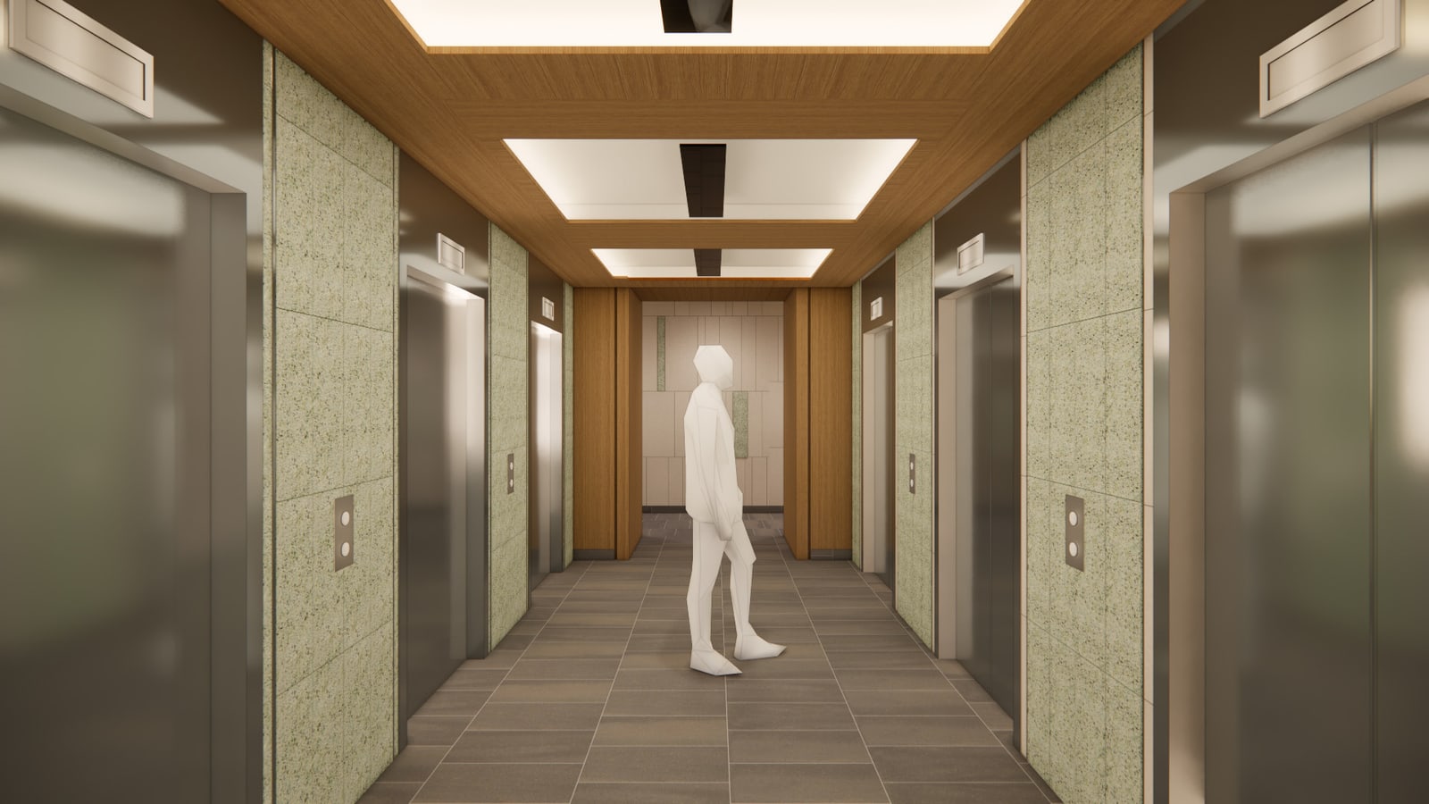 Rendering of an elevator lobby with metal elevator doors along both sides set between pale green stone-pattern panels, a wood ceiling with recessed light panels, a grey tile floor and a white figure standing in the middle