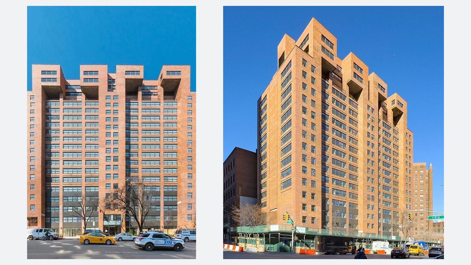 Two photographs side by side of the same orange-brown brick tower under a blue sky. Left: the wide front seen head-on, with rows of window bands, four brick blocks projecting at the top, a glass entrance behind bare trees, and a yellow taxi, a police car and vans on the avenue. Right: the tower seen from across an intersection, stepping back toward the top, with a green sidewalk shed around its base, traffic signals and an E 97 St sign