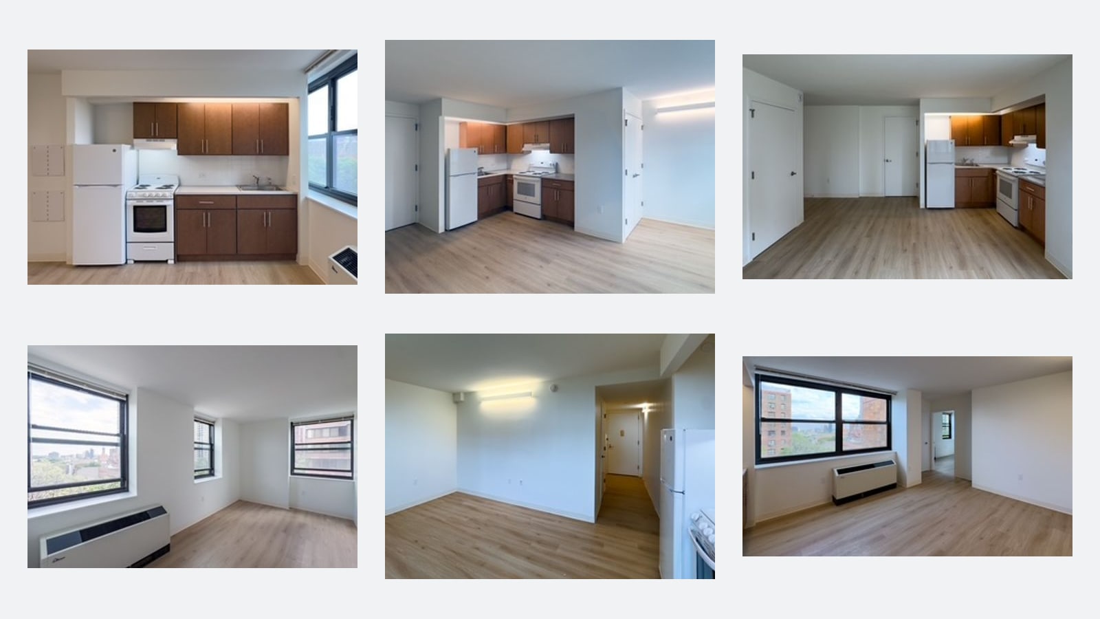 Six photographs of empty apartment rooms in two rows. Top row: three kitchens with dark wood-tone cabinets, a white refrigerator, a white electric range with coil burners and a sink. Bottom row: three rooms with white walls, wood-look floors and black-framed windows looking out on other buildings, two of them with a white unit under the window