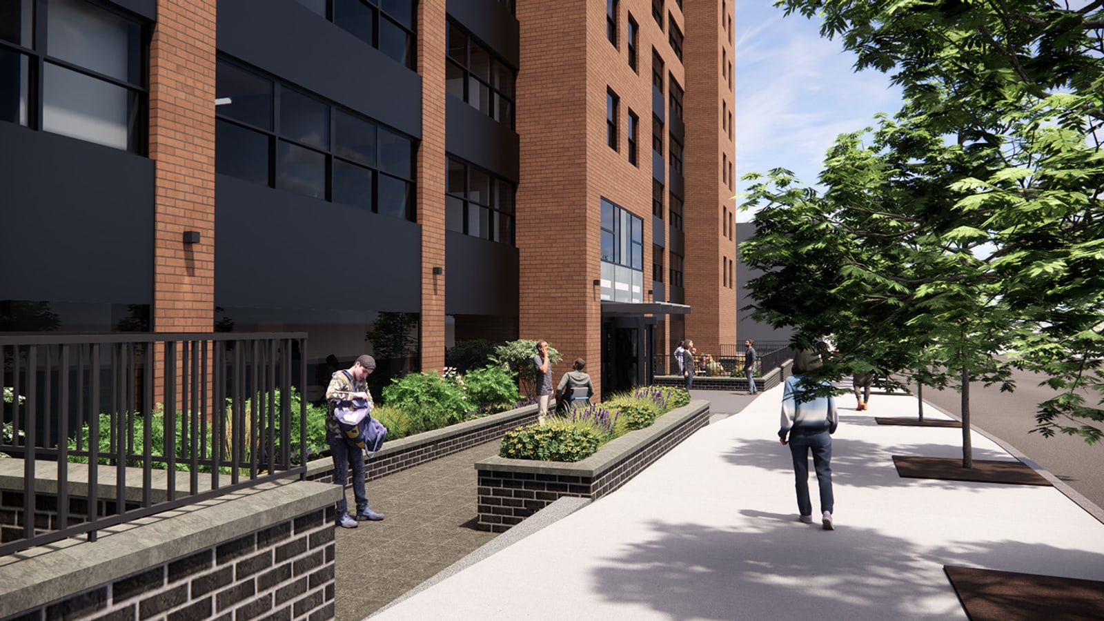 Rendering of a sidewalk beside the lower floors of a red-brick tower with dark window bands: low dark-brick planters with shrubs and purple flowers and a black metal fence border a paved walk to a canopied entrance, a few people stand near the door and one walks along the sidewalk under street trees