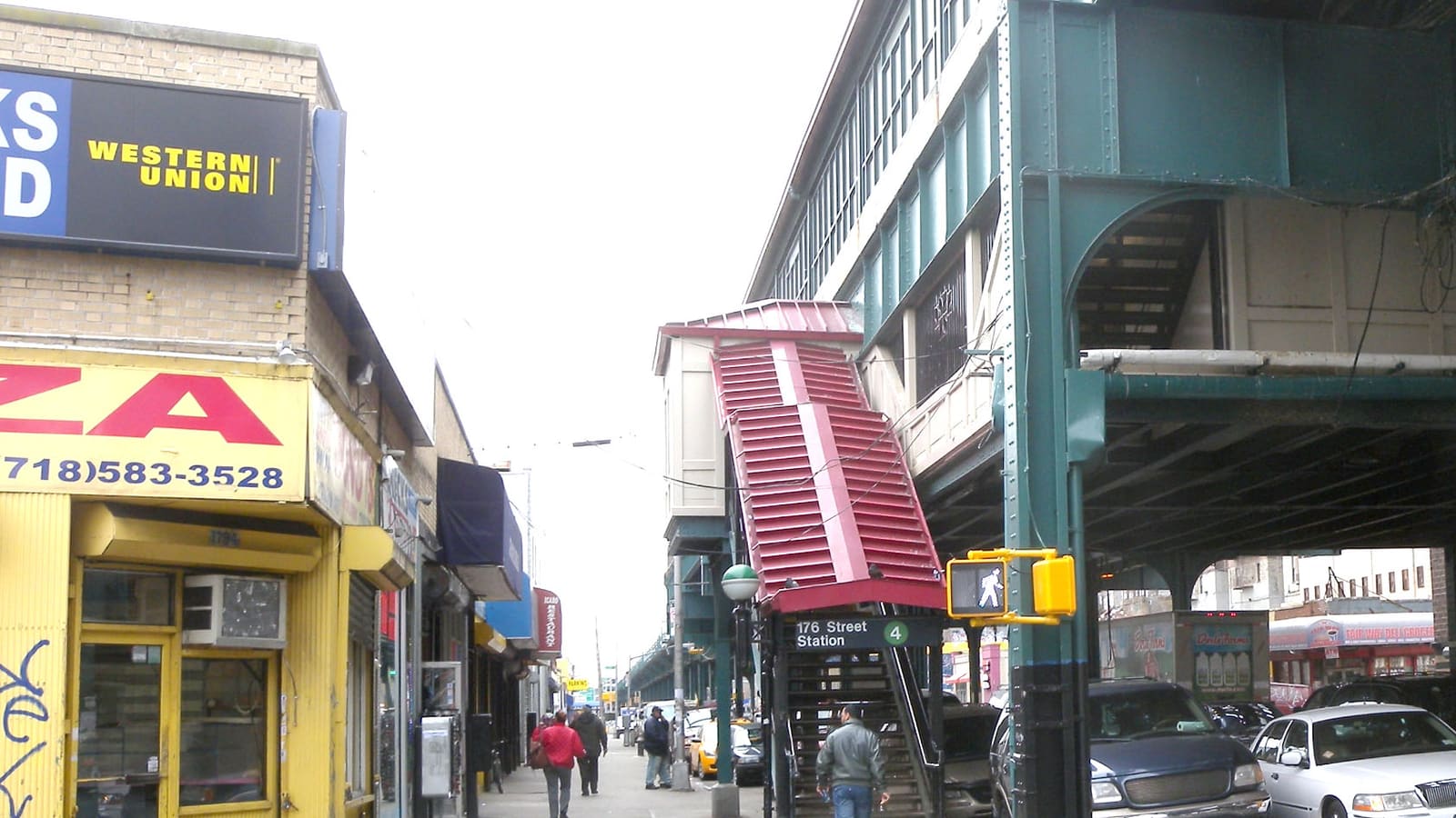 A street stair with a red canopy climbing to an elevated subway station, a sign reading 176 Street Station with a green 4 symbol, the green steel elevated structure over Jerome Avenue at right, parked cars and storefronts at left, with people walking in the distance