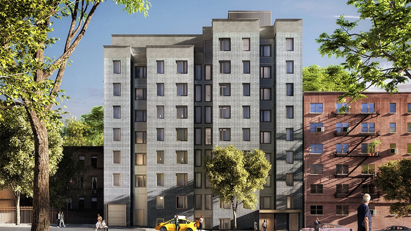 Rendering of a 9-story light gray brick apartment building in the middle of a block, with rows of tall windows, darker recessed bays, a garage door at the lower left and an entrance canopy at the lower right, between an older red brick building with fire escapes and a dark brick building, with street trees, a yellow taxi and people on the sidewalk