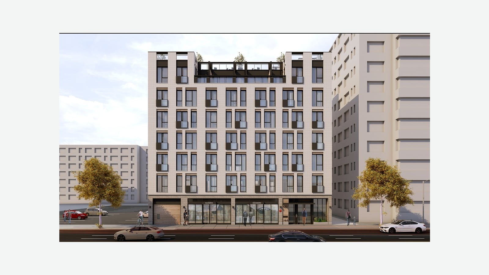 A rendering of a seven-story light-colored brick apartment building on a city avenue, with rows of tall windows, dark metal panels under some windows, a glass rooftop structure with plants, and a ground floor with a garage door, two glass storefronts and a lobby entrance marked 183; drawn people walk on the sidewalk and cars pass in front