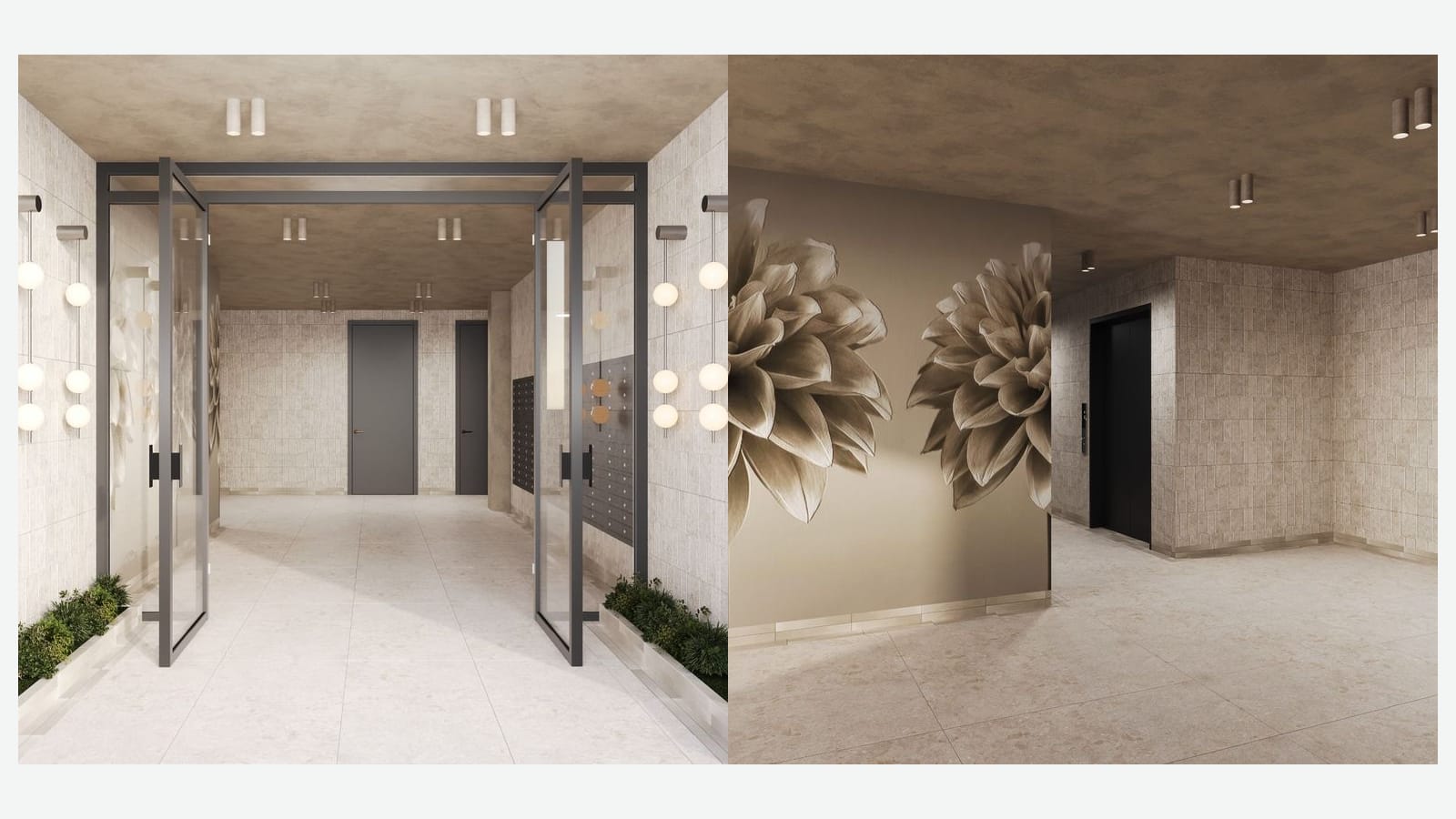 Two renderings side by side on a plain light background: at left, an entrance with two open glass doors in dark metal frames, globe wall lights, planters of green shrubs, a pale tiled floor and a row of dark mailboxes inside; at right, a lobby with a wall mural of two large pale flowers, a black elevator door, beige tiled walls and cylinder ceiling lights