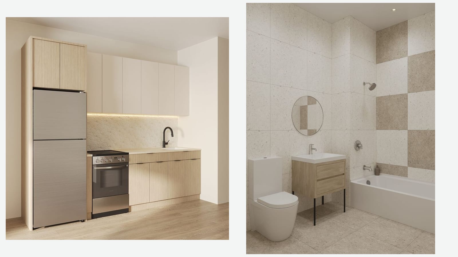 Two renderings side by side on a plain light background: at left, a kitchen wall with light wood and cream cabinets, a steel refrigerator with a freezer on top, a steel range with a flat cooktop and knobs, a black faucet over a sink, a textured backsplash lit from above and a light wood floor; at right, a bathroom with large speckled beige tiles, a round mirror, a wood vanity on black legs, a toilet and a bathtub with a shower head