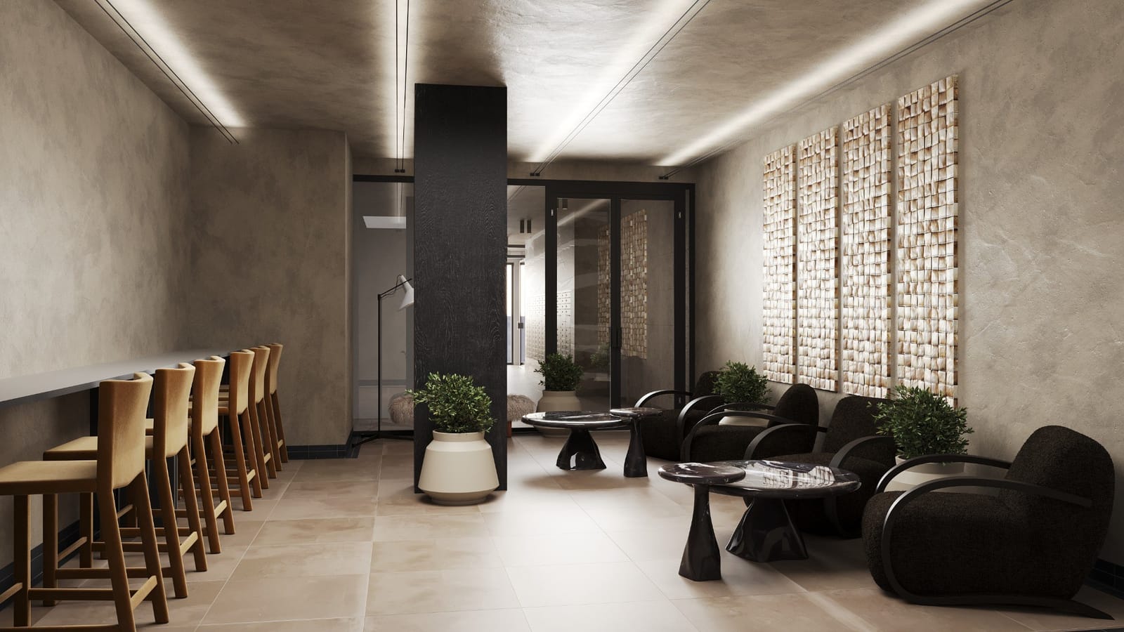 Rendering of a long room with gray plaster walls and lines of light in the ceiling, a row of tan bar stools at a long counter on the left, a black wood column with a white planter, black armchairs around dark marble side tables on the right under four textured wall panels, and glass doors at the back opening to a hall with mailboxes