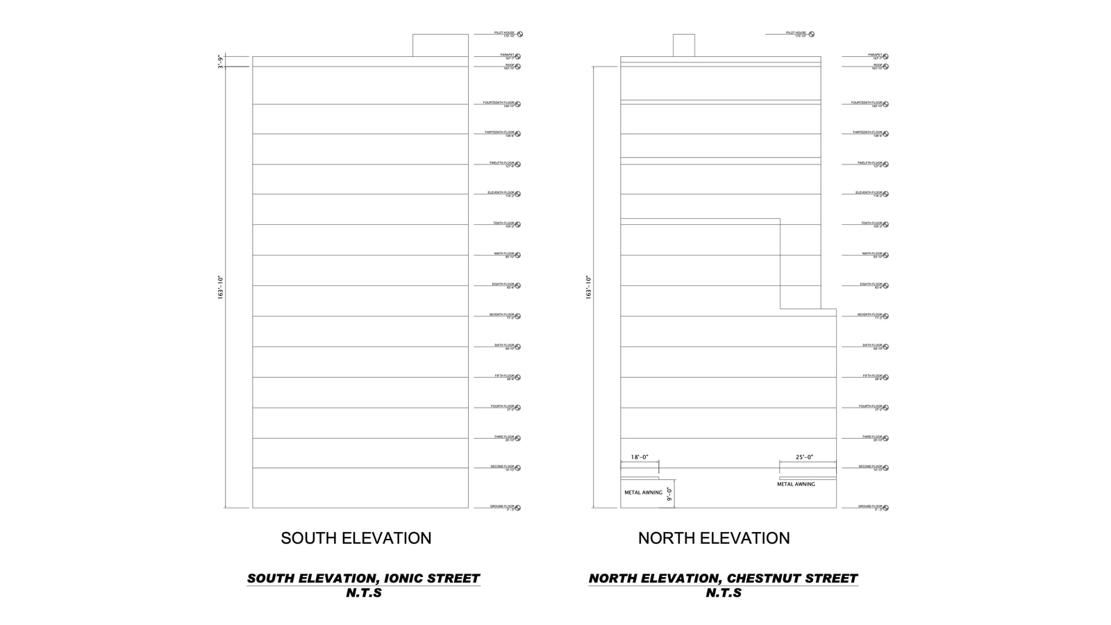 Two line drawings of a 14-story building, labeled south elevation on Ionic Street and north elevation on Chestnut Street, with each floor level marked and the roof at 163 feet 10 inches
