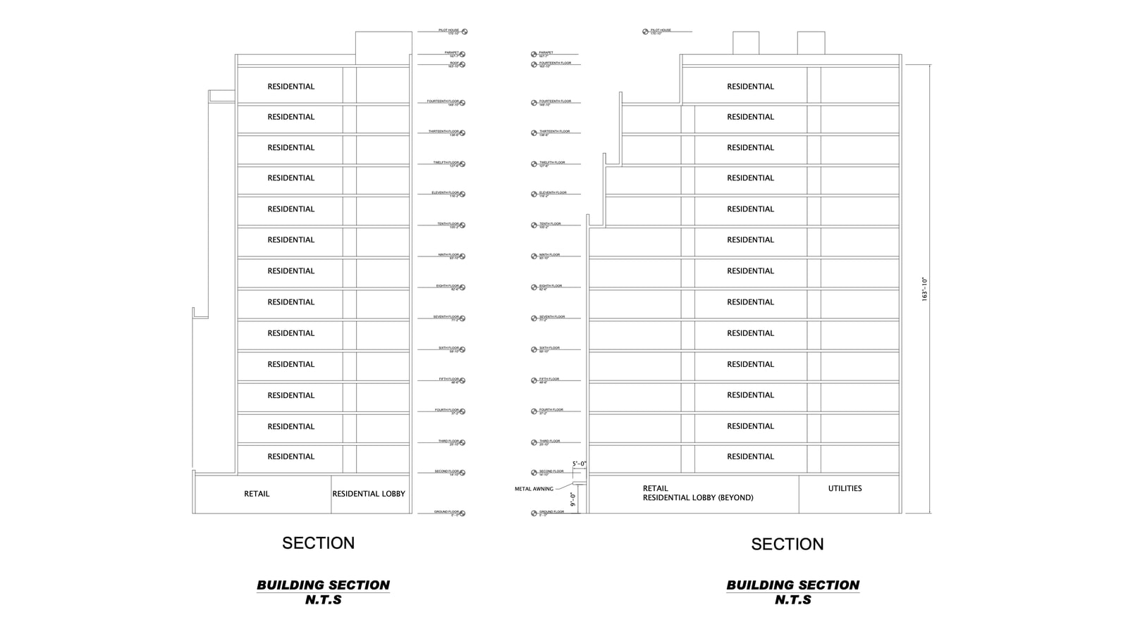 Two section drawings of a 14-story building with retail, a residential lobby and utilities on the ground floor and thirteen floors labeled residential above