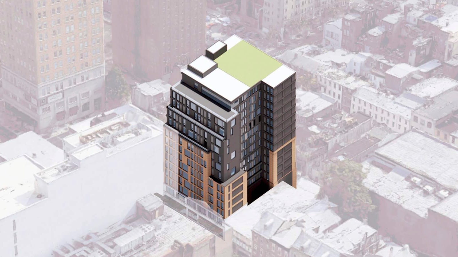 Aerial rendering of a 14-story building in dark and tan panels with a green roof, drawn in color among faded gray neighboring buildings