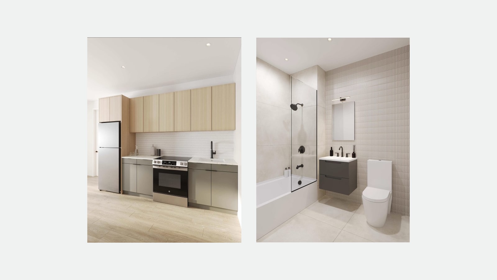 Two renderings side by side on a plain light background: at left, a kitchen with light wood upper cabinets, gray lower cabinets, a white tile backsplash, a stainless steel refrigerator, a stainless smooth-top electric range and a black faucet over light wood-look flooring; at right, a bathroom with a tub behind a glass panel, a black shower head, a gray floating vanity with a black faucet, a rectangular mirror and light, a toilet and pale tile walls