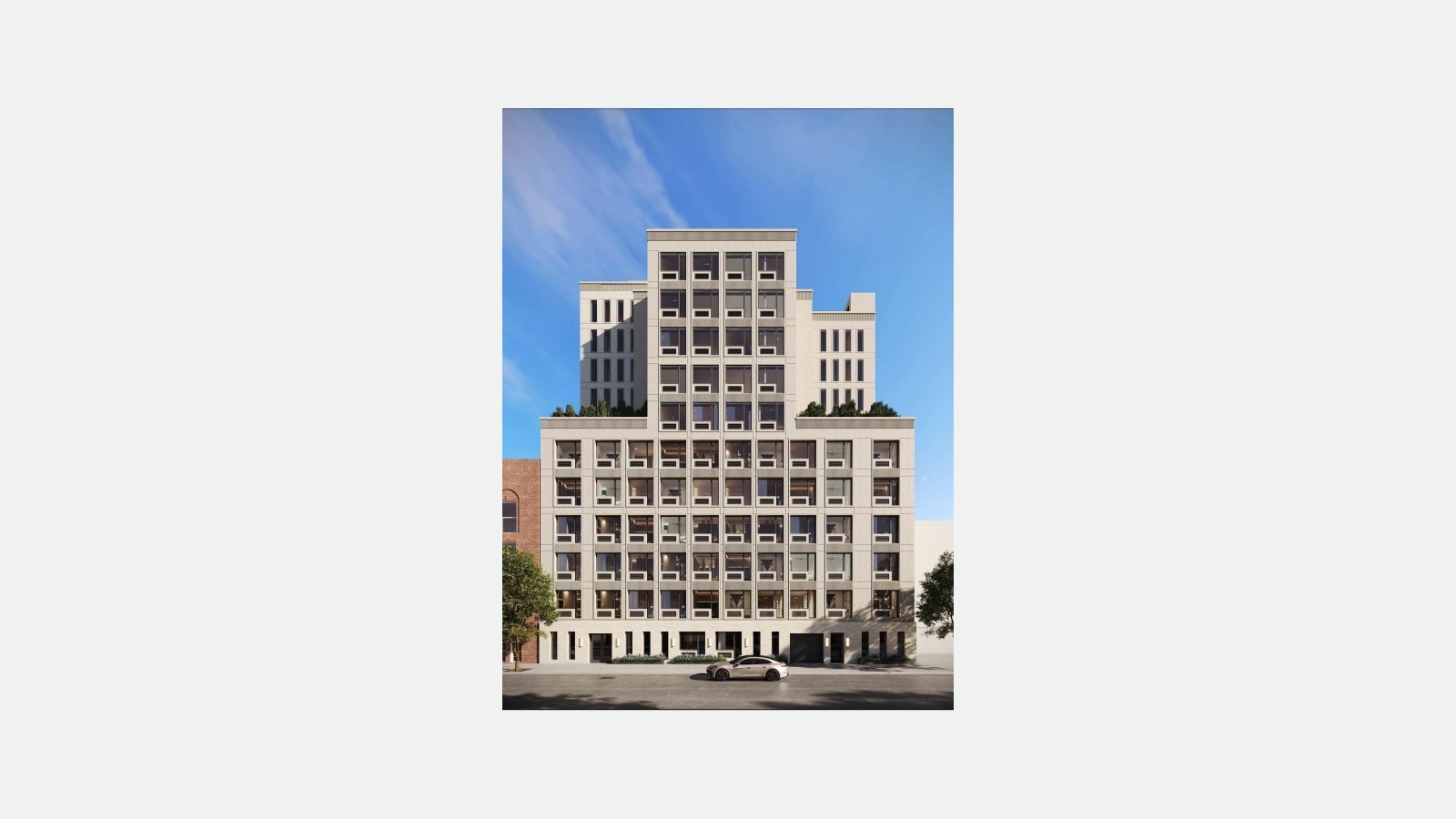Rendering of an 11-story building with a pale stone-colored facade and a grid of square dark windows with light panels below each, a wide six-story base with planted terraces on its roof, a narrower setback upper section, a ground floor with doors, a dark garage door and planters, and a silver car at the curb, under a blue sky, shown at its original size on a plain light background