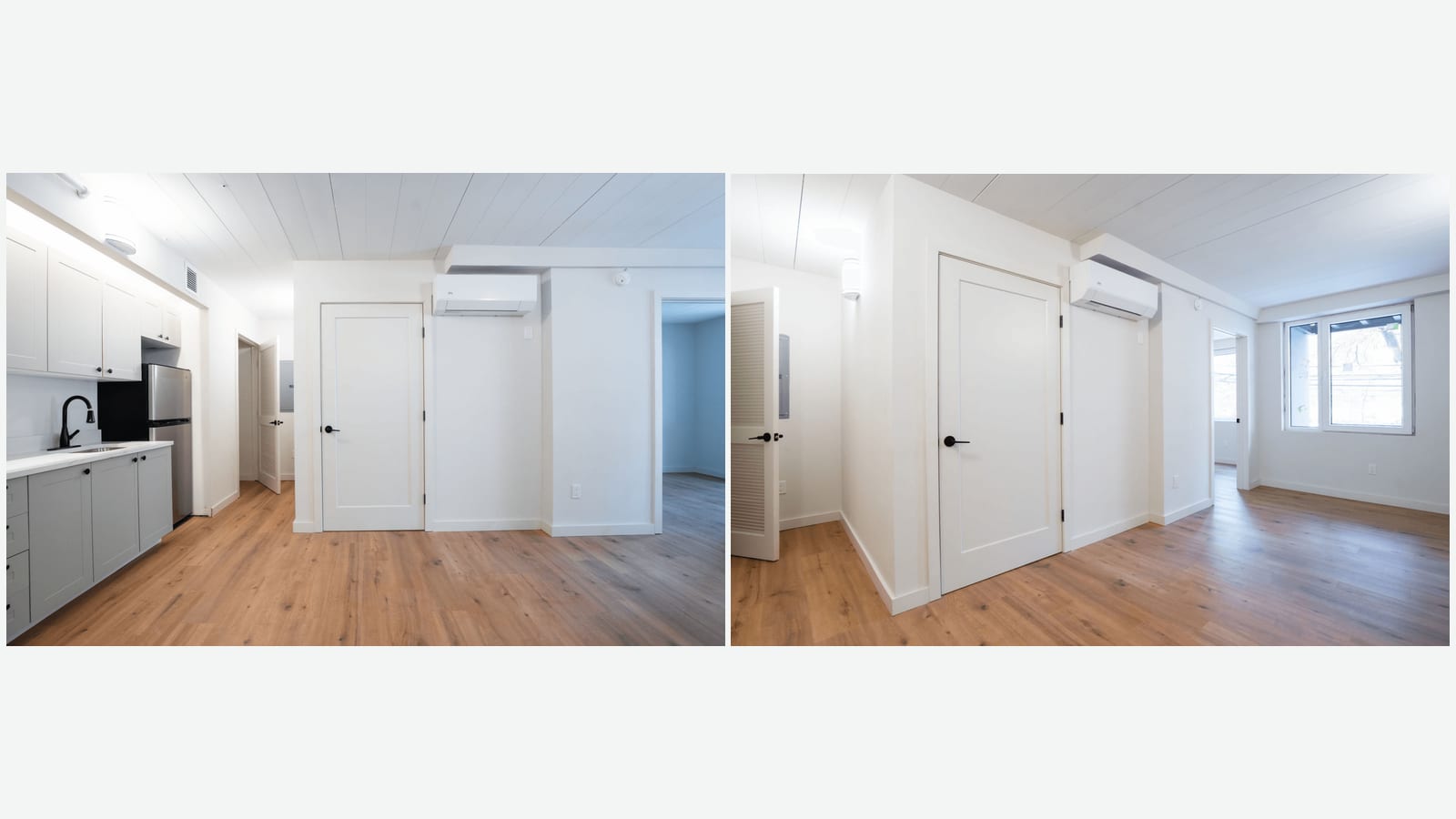 Two photographs side by side of empty rooms with white walls, white plank ceilings, wall-mounted air-conditioning units and wood-look floors: on the left a room with gray kitchen cabinets and a refrigerator; on the right a room with a white door and a double window looking out on trees