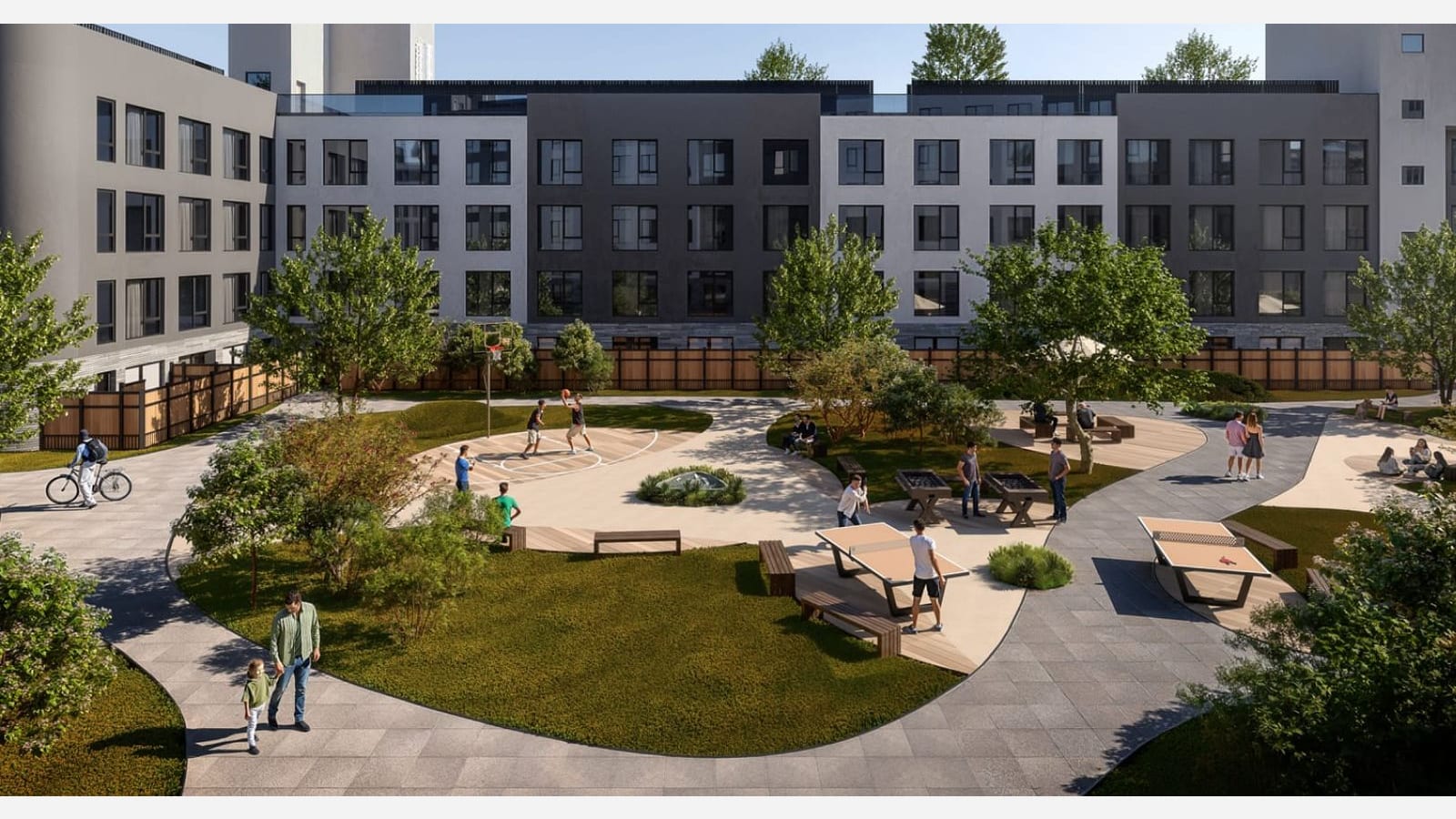 Rendering of a landscaped courtyard with curving paved paths, lawns, trees, a half basketball court, two ping-pong tables, foosball tables and benches, with people walking and playing, in front of a four-level gray and white apartment wall with roof railings