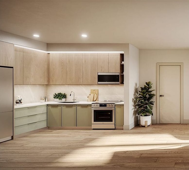 Rendering of an L-shaped kitchen with light wood upper cabinets, sage green lower cabinets, a white counter, a stainless range with a smooth cooktop, a microwave and a tall stainless refrigerator