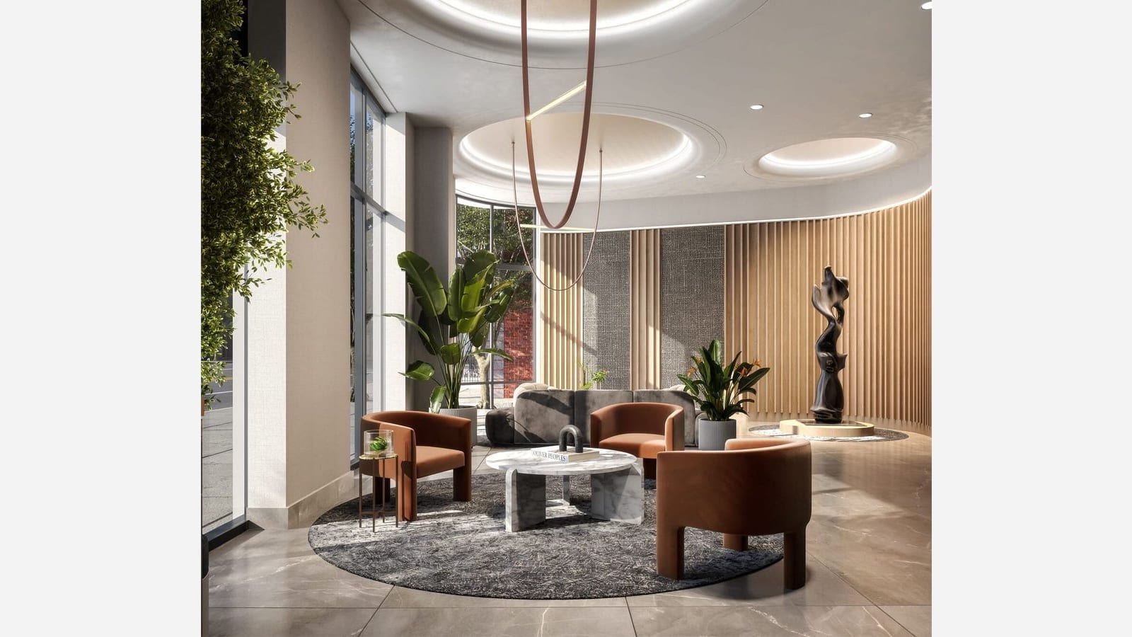 Rendering of a lobby lounge with rust-colored armchairs around a white marble table on a round gray rug, a gray sofa, tall windows, a curved wall of wood slats, a round ceiling cove with lighting and a dark sculpture on a plinth
